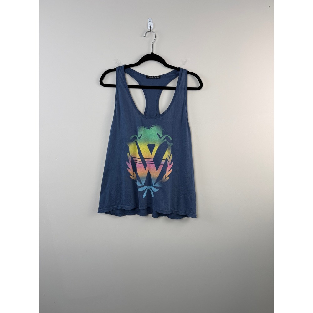 Wildfox Tank Top Womens Medium Blue Rainbow Graphic Racerback Cotton Made in USA